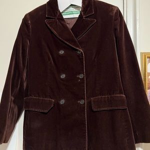 Rich chocolate-colored pantsuit, made of cotton but with a velvet-y feel.